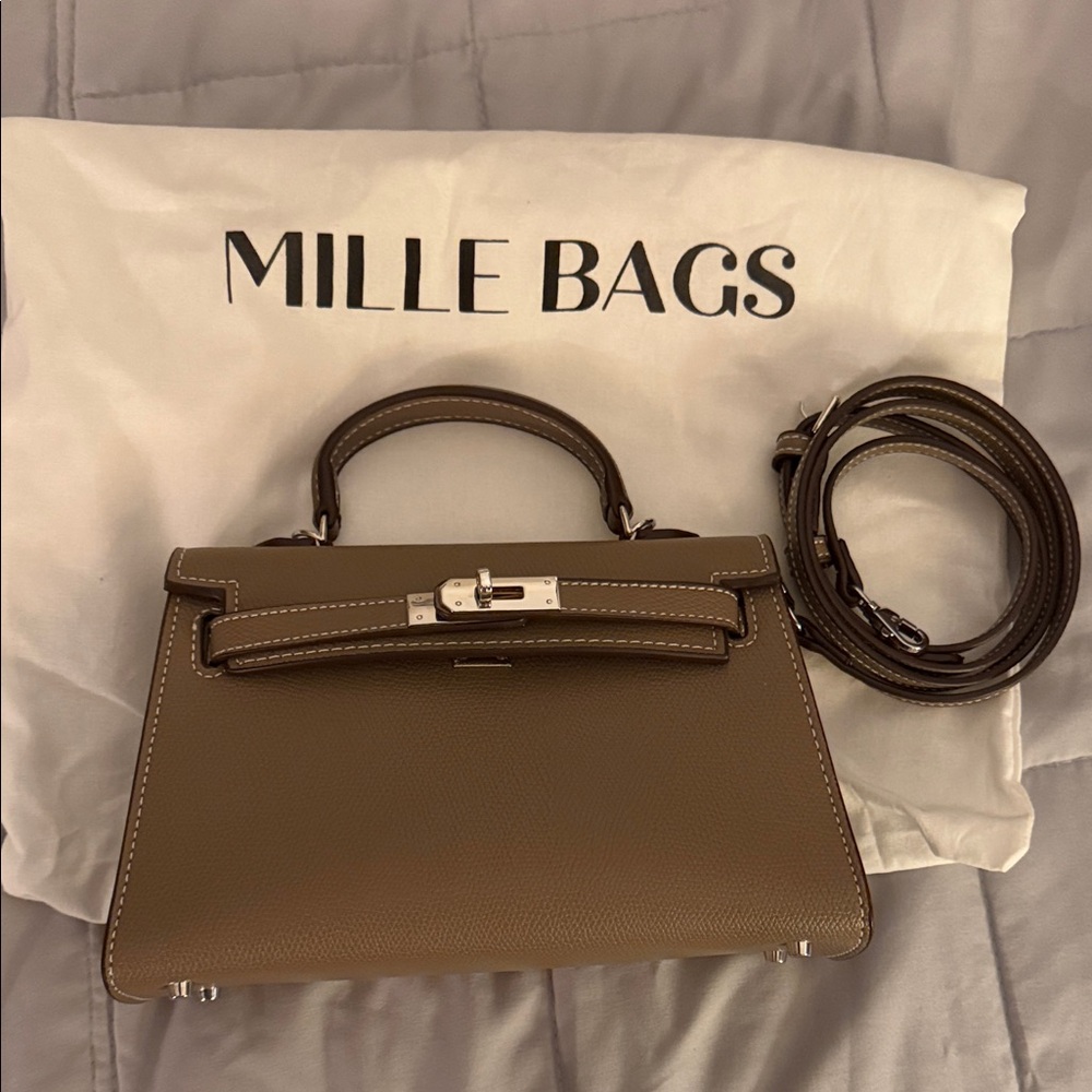 Mille Bags Sophie Taupe Top-Handle Leather Bag with Strap